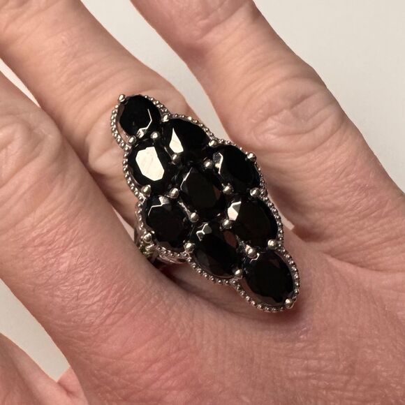 Vintage 925 Sterling Silver Black Spinel Cluster Ring STS Green Accents Sz 6.75 - Picture 1 of 9